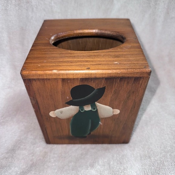 Vintage Wooden Square Tissue Box Cover Hand Painted Amish Kids - Picture 1 of 6